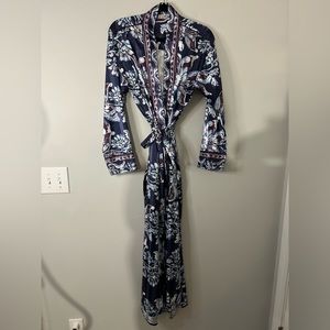 Free People Intimately Blue and Purple Floral Printed Long Satin Effect Robe